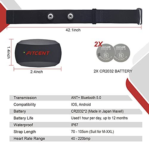 FITCENT Heart Rate Monitor Chest Strap, Bluetooth ANT+ HR Sensor for Peloton ...