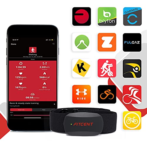 FITCENT Heart Rate Monitor Chest Strap, Bluetooth ANT+ HR Sensor for Peloton ...