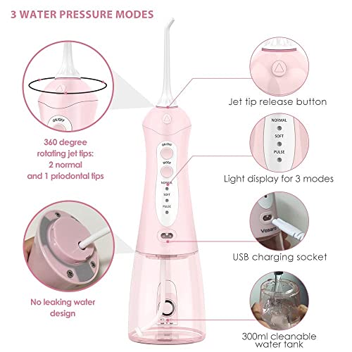 Cordless Water Flosser Pink Teeth Cleaner, Fitug Portable Oral Irrigator Dent...