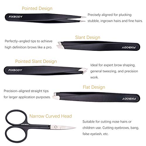 FIXBODY Tweezers Set 5-Piece - Professional Stainless Steel Tweezers with Cur...