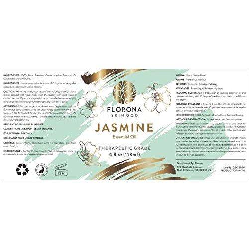 Jasmine Essential Oil 4 Oz - 100% Pure and Natural for Hair Skin Diffuser The...