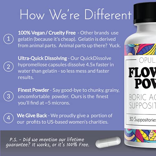 Flower Power Vegan Boric Acid Suppositories - 30 Count - 600mg for Vaginal Od...