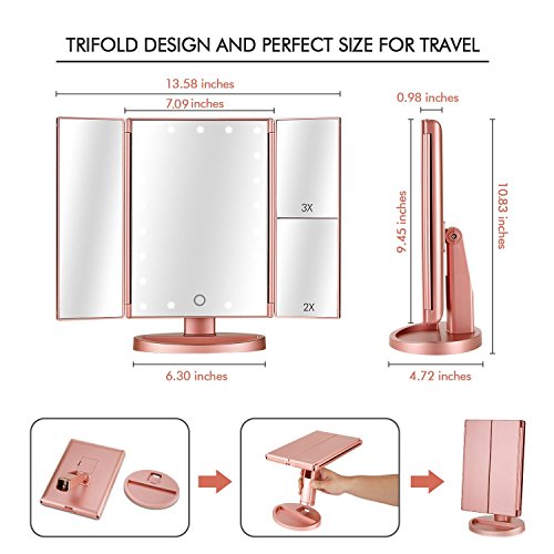 Flymiro Tri-fold Lighted Vanity Makeup Mirror with 3x/2x Magnification,21 LED...