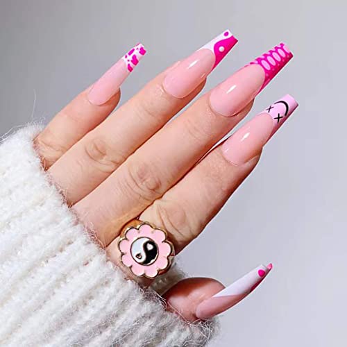 Foccna Glossy Coffin Extra Long Press on Nails with Designs, French Luxury Pi...