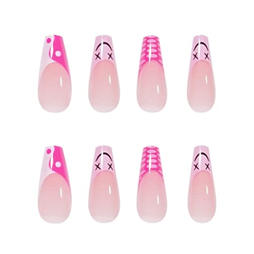 Foccna Glossy Coffin Extra Long Press on Nails with Designs, French Luxury Pi...