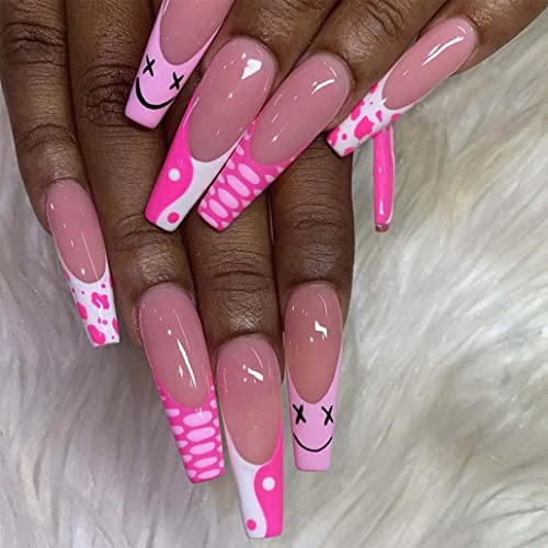 Foccna Glossy Coffin Extra Long Press on Nails with Designs, French Luxury Pi...
