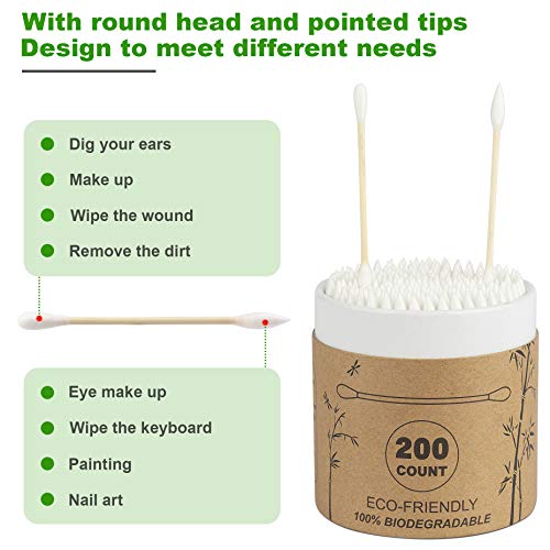 Organic Bamboo Cotton Swabs 400 Count - Pointy/Round Head Natural Eco Friendl...