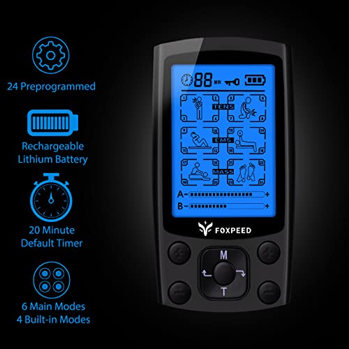 FOXPEED Dual Channel Electric TENS Unit Muscle Stimulator with 24 Modes and 2...