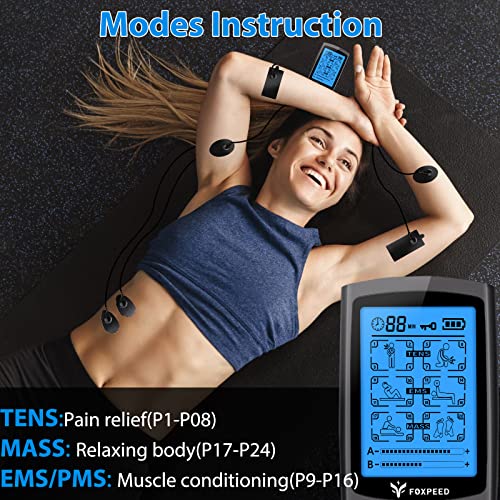 FOXPEED Dual Channel Electric TENS Unit Muscle Stimulator with 24 Modes and 2...