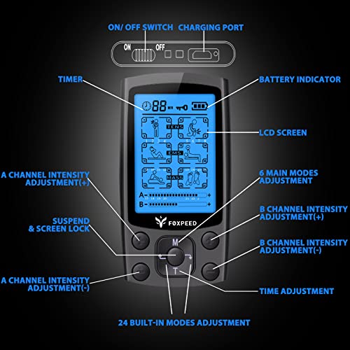 FOXPEED Dual Channel Electric TENS Unit Muscle Stimulator with 24 Modes and 2...