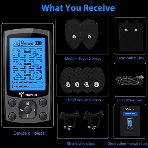 FOXPEED Dual Channel Electric TENS Unit Muscle Stimulator with 24 Modes and 2...