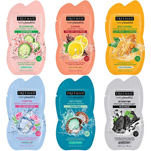 Freeman Facial Mask Variety Pack: Oil Absorbing and Anti Stress Clay, Detoxif...