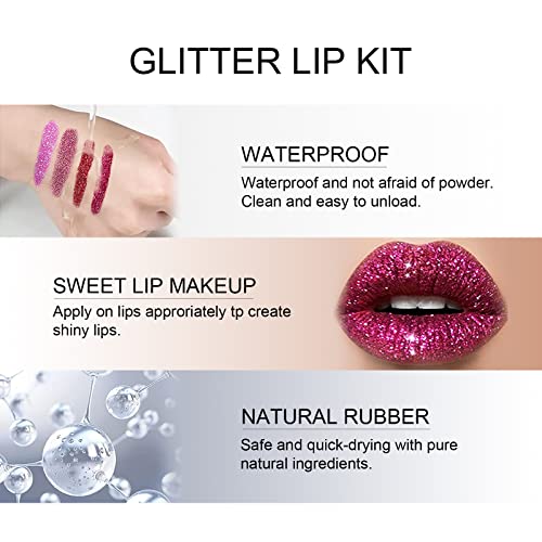 FREEORR 4 Colors Glitter Lip Kit, Diamond and Glitter Metallic Lipstick, Wate...