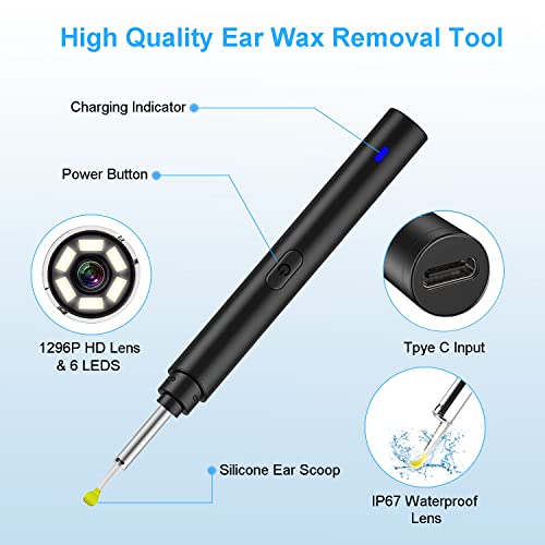 Ear Wax Removal Tool, Ear Cleaner with 1296P Camera, Ear Cleaning Kit with 6 ...