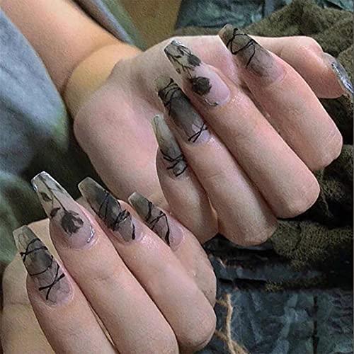 FunBeauty 24pcs Matte Coffin Press on Nails Long Ballerina Fake Nails Punk Bl...