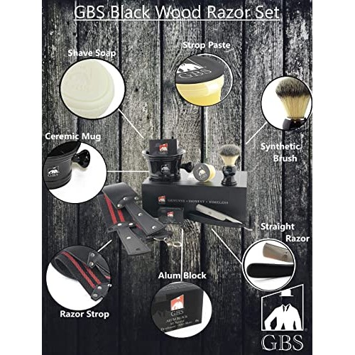 G.B.S Black Luxury Shaving Kit - Wood Straight Razor, Mug, Natural Soap, Brus...