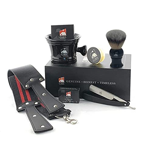G.B.S Black Luxury Shaving Kit - Wood Straight Razor, Mug, Natural Soap, Brus...