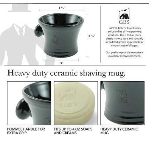 G.B.S Men's Black Ceramic Shaving Soap Bowl/Mug - Knob Handle- 3 Oz All Natur...