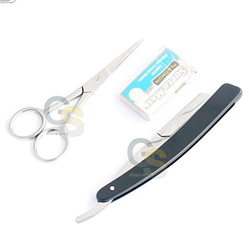 G.S STRAIGHT BARBER EDGE STEEL RAZORS FOLDING SHAVING KNIFE EXTRA 5 BLADES SC...