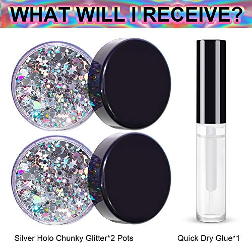 Silver Holographic Chunky Cosmetic Glitter Body Hair Face Eye Nail for Festiv...