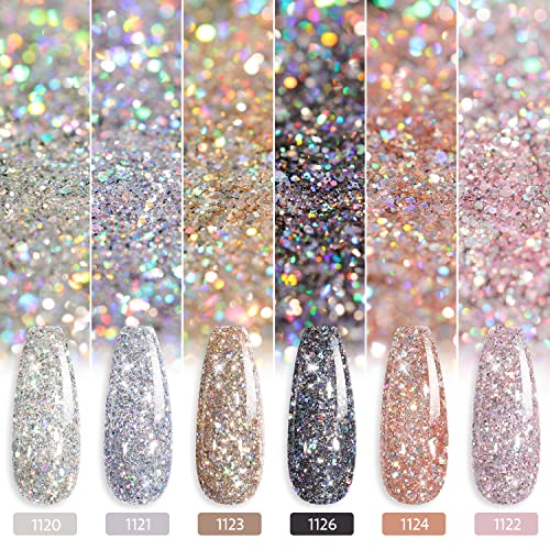GAOY Chrome Platinum Glitter Gel Nail Polish Set of 6 Colors Including Sparkl...