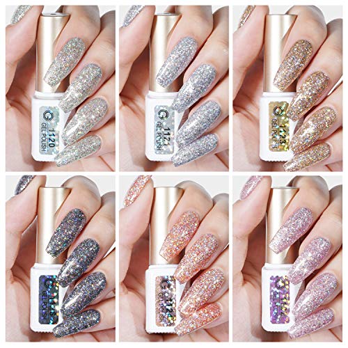GAOY Chrome Platinum Glitter Gel Nail Polish Set of 6 Colors Including Sparkl...