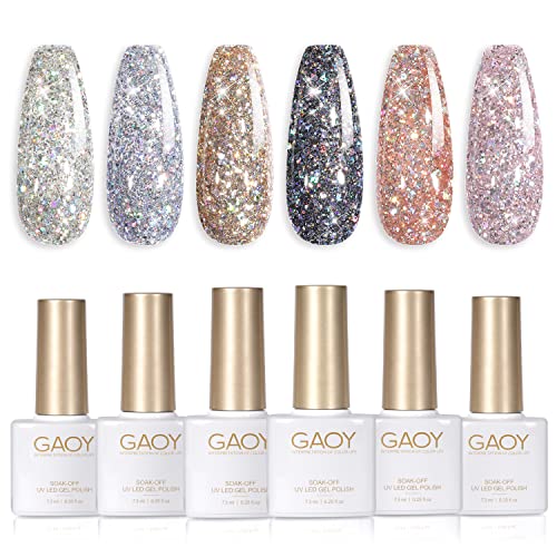 GAOY Chrome Platinum Glitter Gel Nail Polish Set of 6 Colors Including Sparkl...