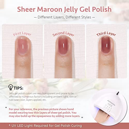 GAOY Jelly Milky White Gel Nail Polish Set, 6 Translucent Sheer Maroon UV Gel...