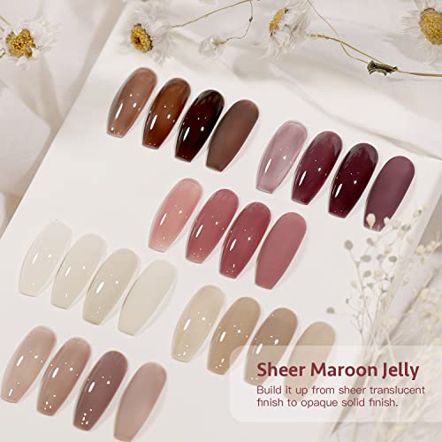 GAOY Jelly Milky White Gel Nail Polish Set, 6 Translucent Sheer Maroon UV Gel...
