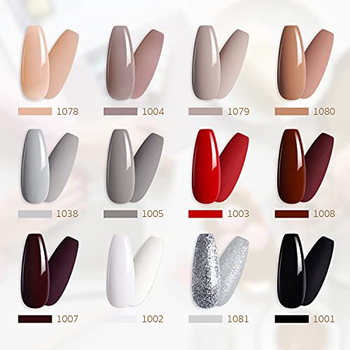 GAOY Nude Gray Gel Nail Polish Set of 12 Colors With Top Coat Base Coat Matte...