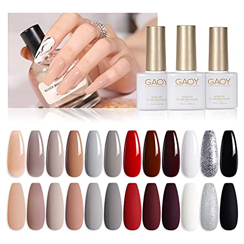 GAOY Nude Gray Gel Nail Polish Set of 12 Colors With Top Coat Base Coat Matte...