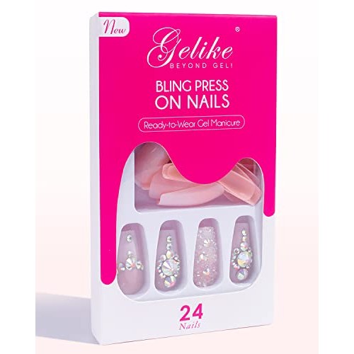 Gelike Bling Pink Press on Nails Medium Length Coffin, 24pcs Diamonds for Acr...