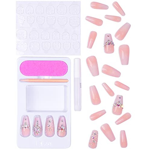Gelike Bling Pink Press on Nails Medium Length Coffin, 24pcs Diamonds for Acr...
