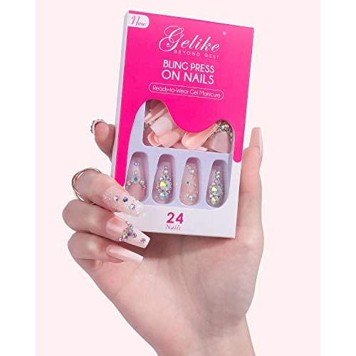 Gelike Bling Pink Press on Nails Medium Length Coffin, 24pcs Diamonds for Acr...