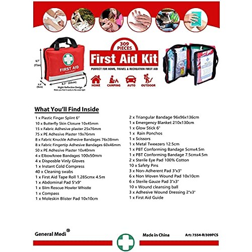 First Aid Kit -309 Pieces- Reflective Bag Design - Including Eyewash, Bandage...