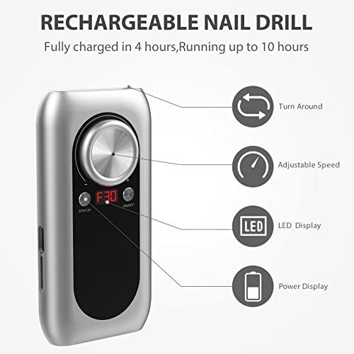 Rechargeable Nail Drill, Professional Nail Drill 30000RPM with 6 Bits, Nail D...