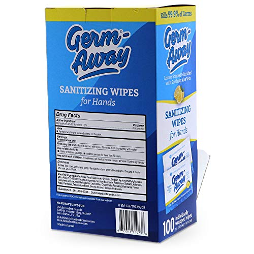 Germ-Away Large Antibacterial Hand Wipes Individually Wrapped Wipes, Travel S...