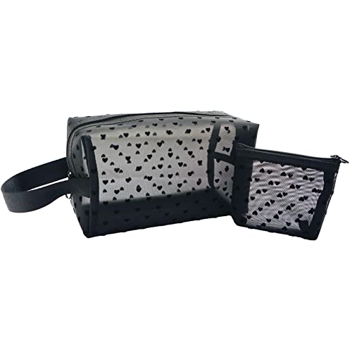 2pcs Cosmetic Bag, Travel Makeup Bag Toiletry Bag for Women, Cute Hearts Mesh...