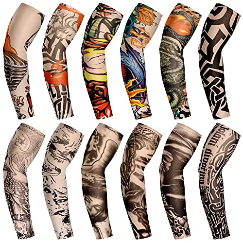 12 Pieces Tattoo Sleeves Set Fake Sunscreen Arm Sleeves Soft Elasticity Flowe...