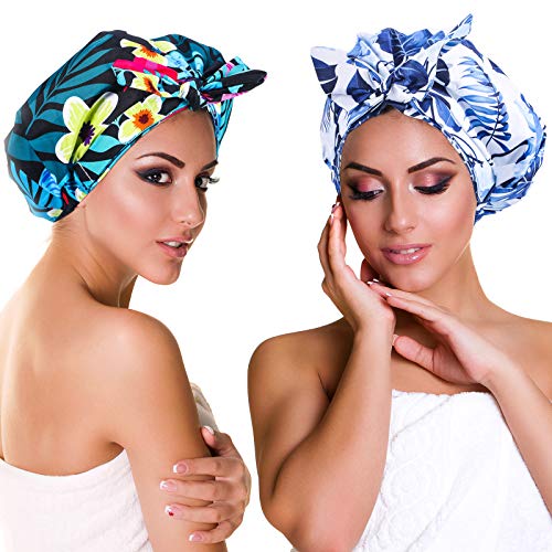 2 Pieces Shower Cap Waterproof Adjustable Bowknot Bathing Caps Reusable Turba...
