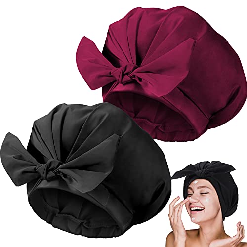 2 Pieces Shower Caps Adjustable Bow-knot Bath Hair Caps Reusable Waterproof T...