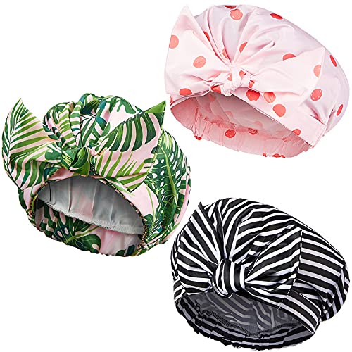 3 Pieces Shower Caps for Women, Waterproof Reusable Shower Hair Caps Elastic ...