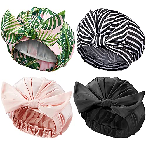 4 Pieces Shower Caps for Women, Waterproof Reusable Shower Hair Caps Elastic ...