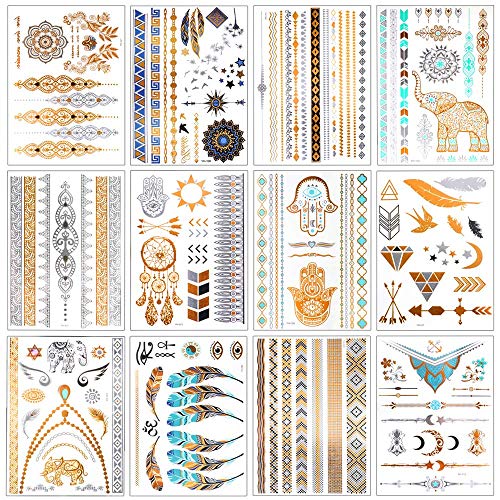 12 Sheets Metallic Temporary Tattoos for Women Teens Girls Tattoos Gold Silve...