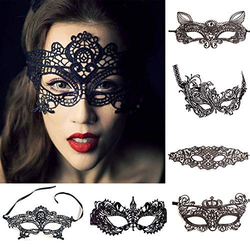 6 Pack Lace Masquerade Mask for Women Black Sexy Lace Eye Mask Lingerie Soft ...