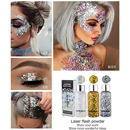 Gireatick Body Gel Glitter Set, 3 Boxes Silver & Gold Holographic Chunky Glit...