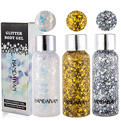 Gireatick Body Gel Glitter Set, 3 Boxes Silver & Gold Holographic Chunky Glit...