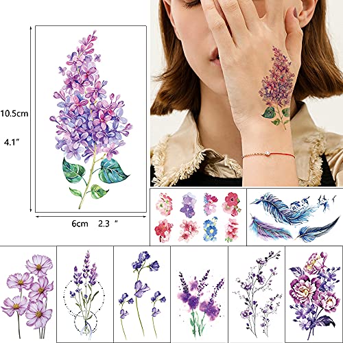 glaryyears 40 Sheets X-Ray Flower Temporary Tattoos for Women, Blossom Waterc...