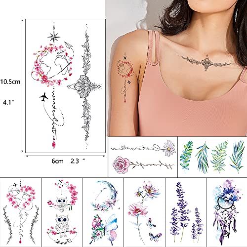 glaryyears 40 Sheets X-Ray Flower Temporary Tattoos for Women, Blossom Waterc...