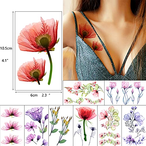 glaryyears 40 Sheets X-Ray Flower Temporary Tattoos for Women, Blossom Waterc...